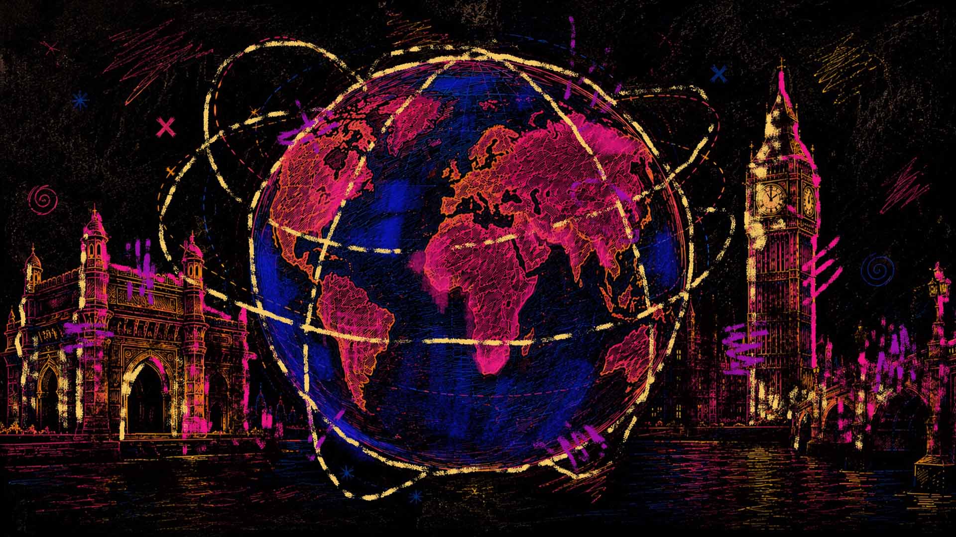 Stylized world map with the Gateway of India and Big Ben, representing global creative reach.